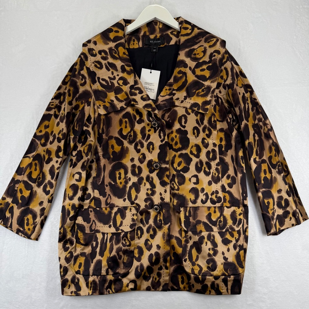 St John Mahogany Multi Leopard Print 100% Silk Jeweled Button Jacket K625W01 10